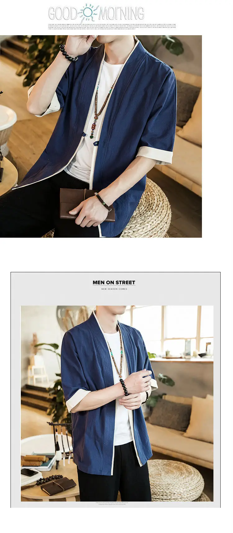 Men Linen Tang Suit Half Sleeve Dao Gown Kimono — feature 7