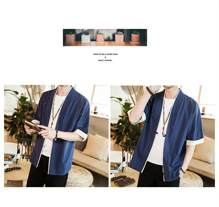 Men Linen Tang Suit Half Sleeve Dao Gown Kimono — feature 8