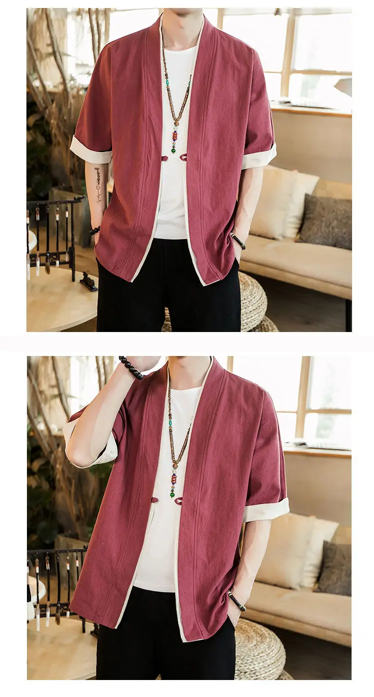 Men Linen Tang Suit Half Sleeve Dao Gown Kimono — feature 9
