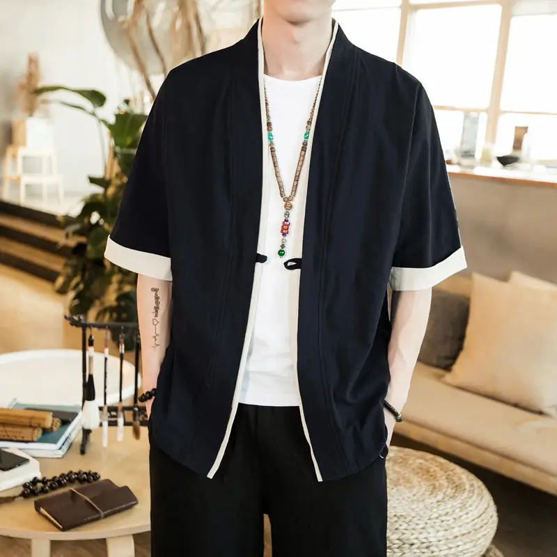 Men Linen Tang Suit Half Sleeve Dao Gown Kimono