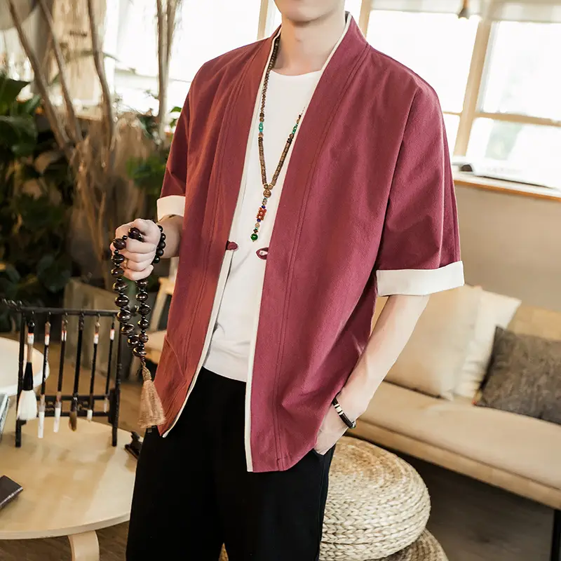 Men Linen Tang Suit Half Sleeve Dao Gown Kimono