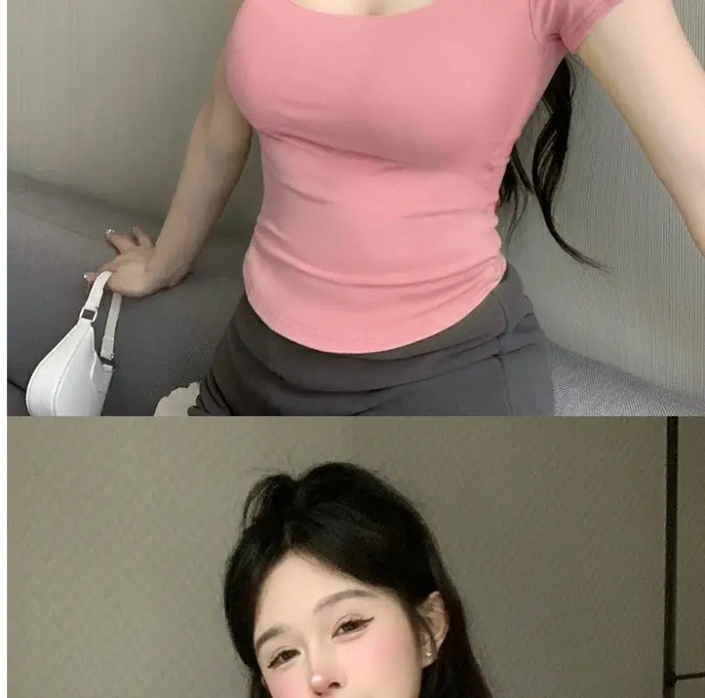 Pure Desire Style Square Tie Chest Pad Short-sleeved T-shirt Women's Summer Hot Girl Sexy Tight Slim-fit Short Top Base Shirt — feature 16