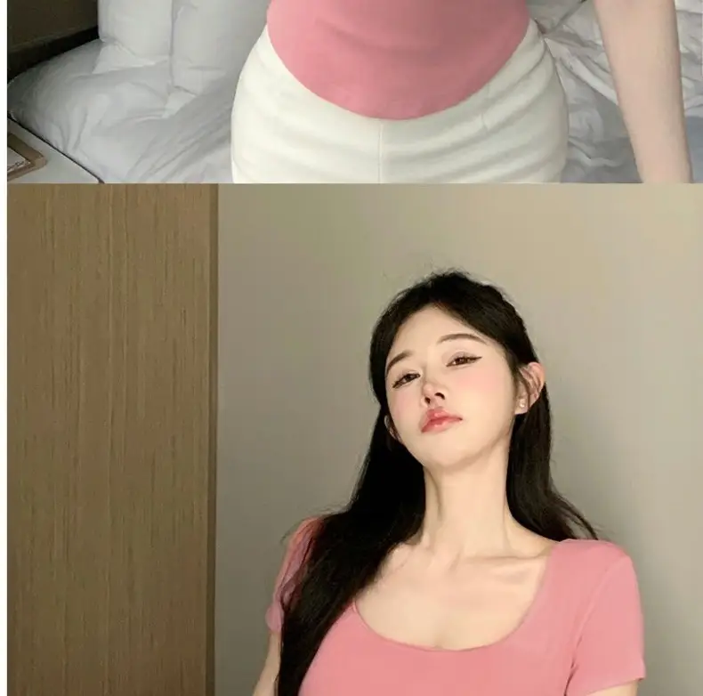 Pure Desire Style Square Tie Chest Pad Short-sleeved T-shirt Women's Summer Hot Girl Sexy Tight Slim-fit Short Top Base Shirt — feature 23