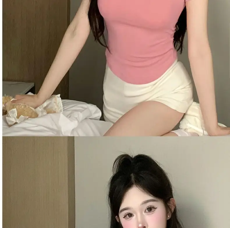 Pure Desire Style Square Tie Chest Pad Short-sleeved T-shirt Women's Summer Hot Girl Sexy Tight Slim-fit Short Top Base Shirt — feature 24