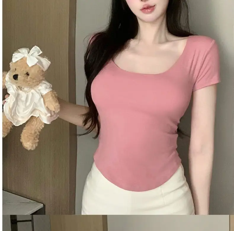 Pure Desire Style Square Tie Chest Pad Short-sleeved T-shirt Women's Summer Hot Girl Sexy Tight Slim-fit Short Top Base Shirt — feature 25