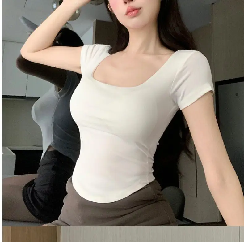 Pure Desire Style Square Tie Chest Pad Short-sleeved T-shirt Women's Summer Hot Girl Sexy Tight Slim-fit Short Top Base Shirt — feature 29