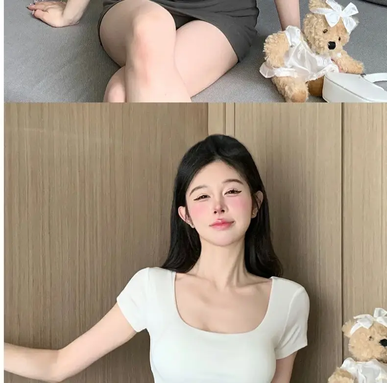 Pure Desire Style Square Tie Chest Pad Short-sleeved T-shirt Women's Summer Hot Girl Sexy Tight Slim-fit Short Top Base Shirt — feature 31