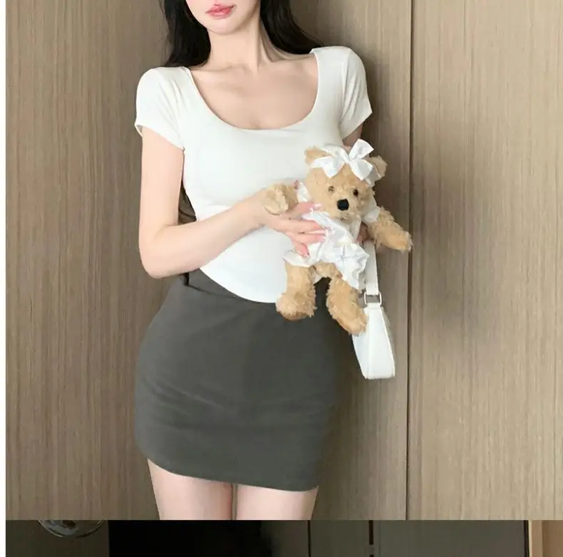Pure Desire Style Square Tie Chest Pad Short-sleeved T-shirt Women's Summer Hot Girl Sexy Tight Slim-fit Short Top Base Shirt — feature 33