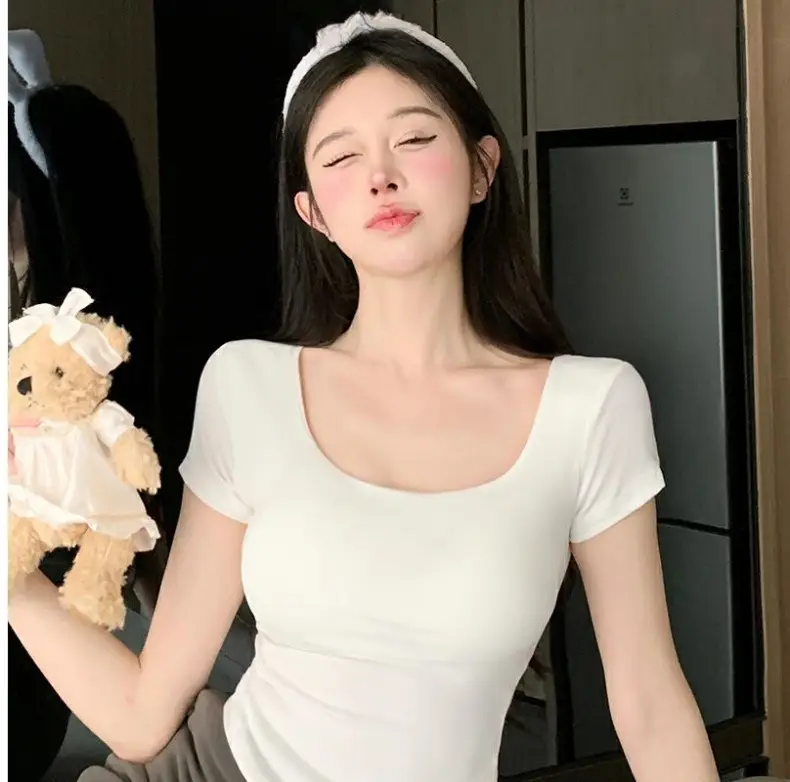 Pure Desire Style Square Tie Chest Pad Short-sleeved T-shirt Women's Summer Hot Girl Sexy Tight Slim-fit Short Top Base Shirt — feature 34