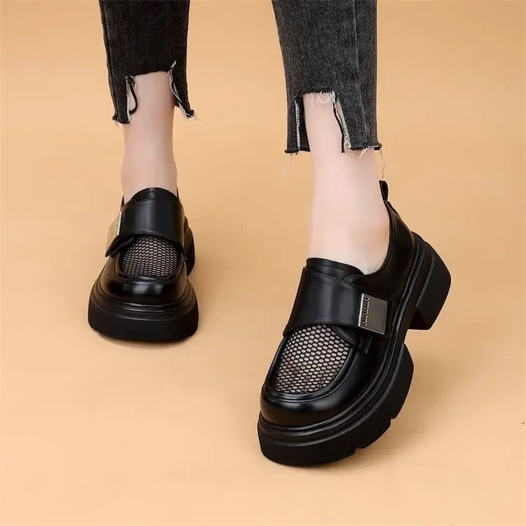 Breathable Mesh Work Breathable Loafers Women's 2024 Summer New Velcro Shoes Platform Mesh Small Leather Shoes - Image 4