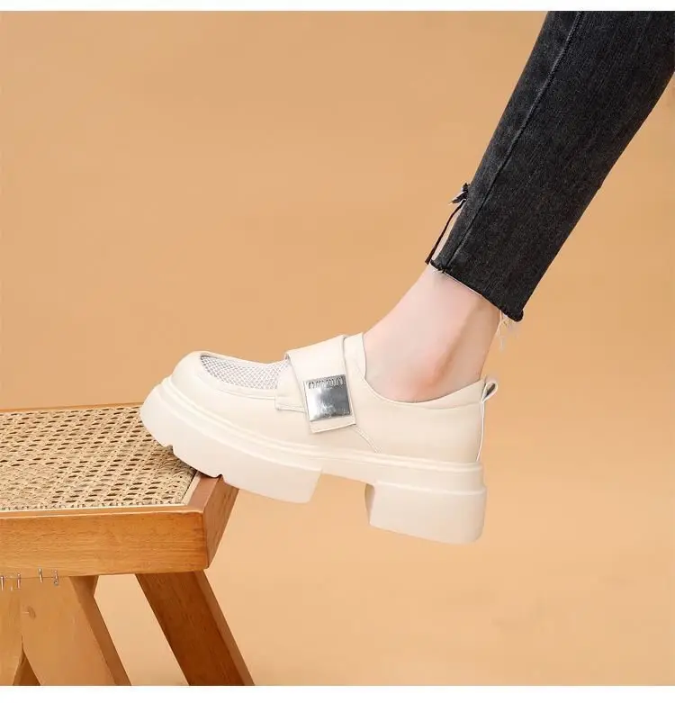 Breathable Mesh Work Breathable Loafers Women's 2024 Summer New Velcro Shoes Platform Mesh Small Leather Shoes — feature 3