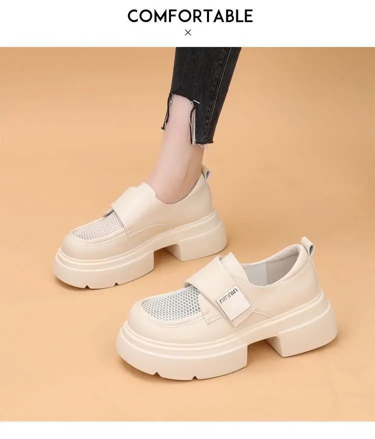 Breathable Mesh Work Breathable Loafers Women's 2024 Summer New Velcro Shoes Platform Mesh Small Leather Shoes — feature 4
