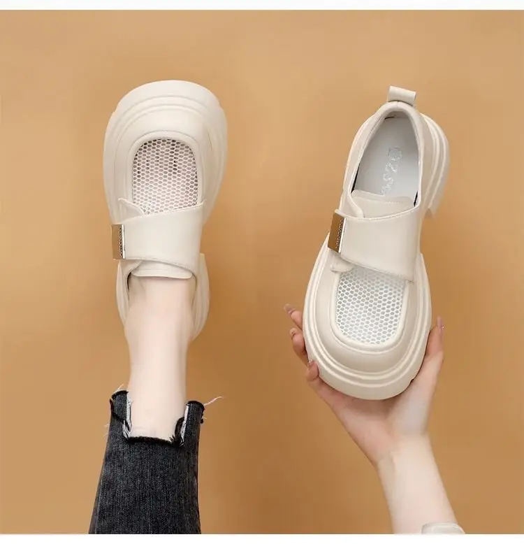 Breathable Mesh Work Breathable Loafers Women's 2024 Summer New Velcro Shoes Platform Mesh Small Leather Shoes — feature 7