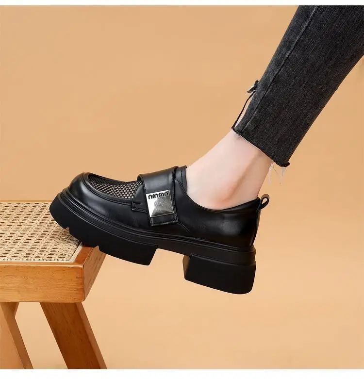 Breathable Mesh Work Breathable Loafers Women's 2024 Summer New Velcro Shoes Platform Mesh Small Leather Shoes — feature 8