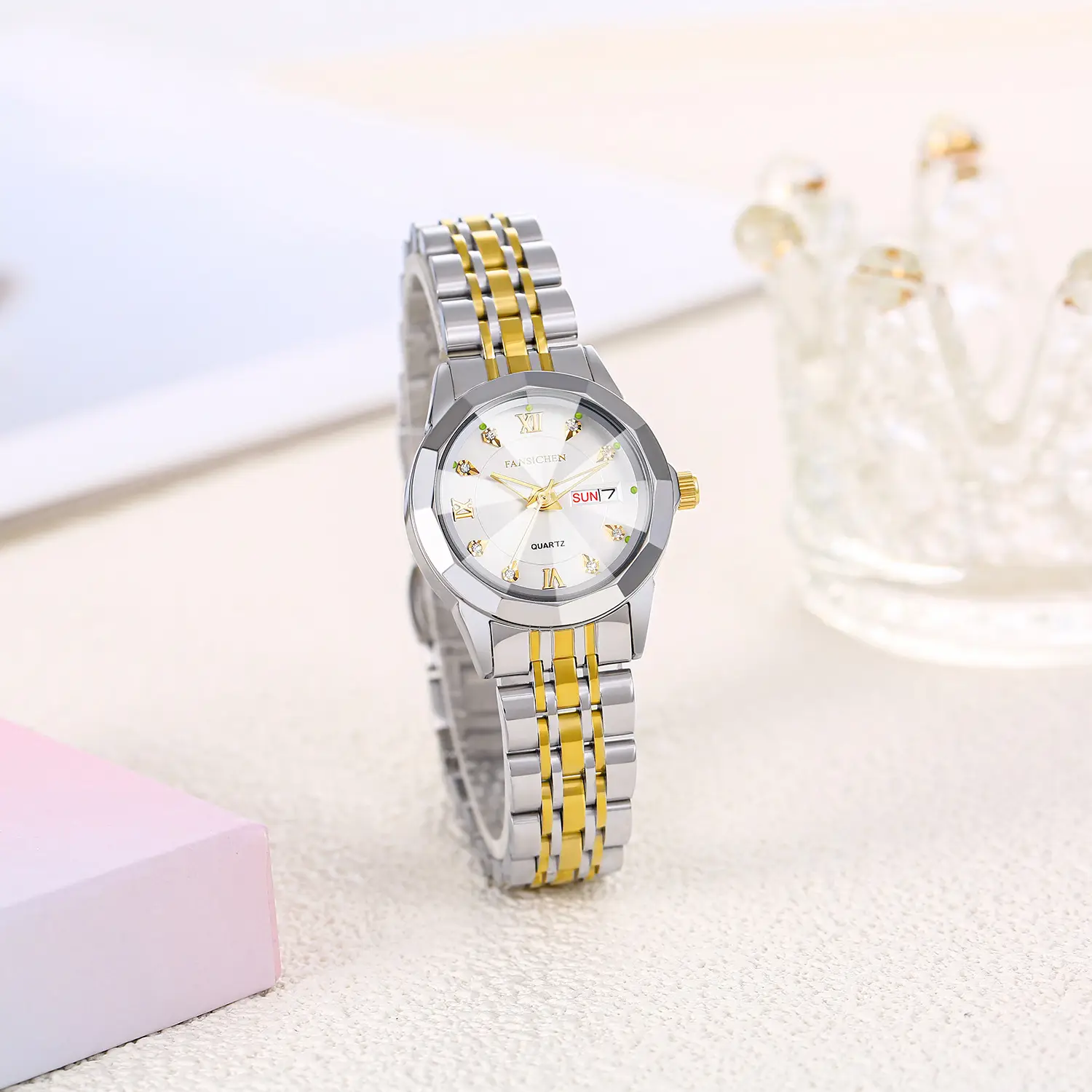 Women's Silver Gold Quartz Watch with Crystal Dial - Image 6