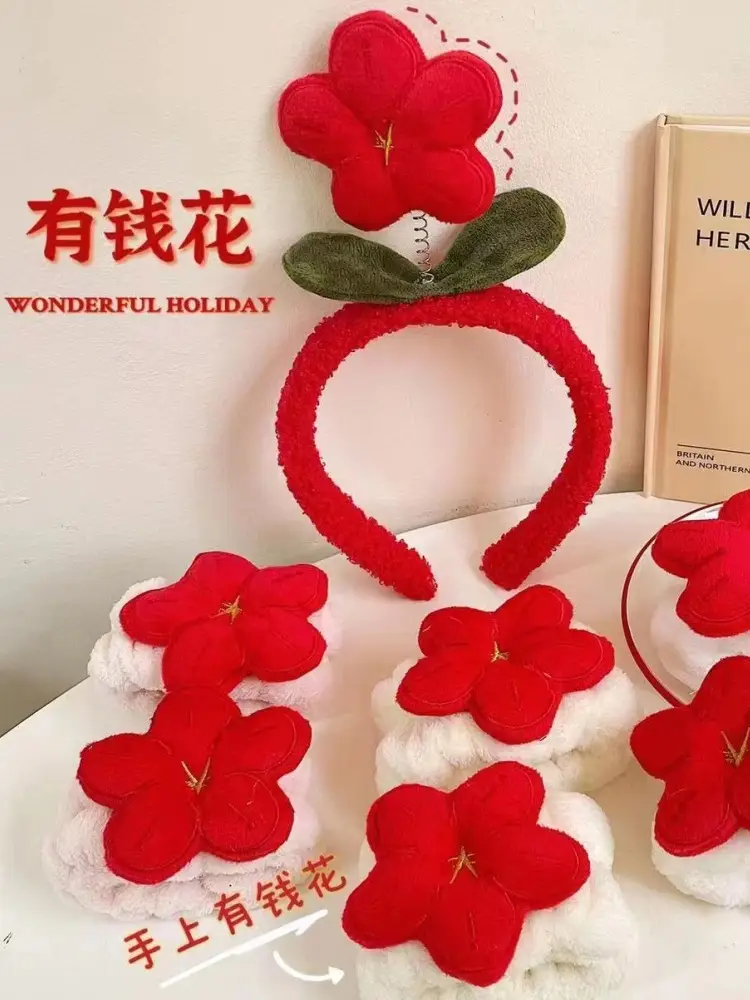 Red Plush Flower Headband for Women — feature 3