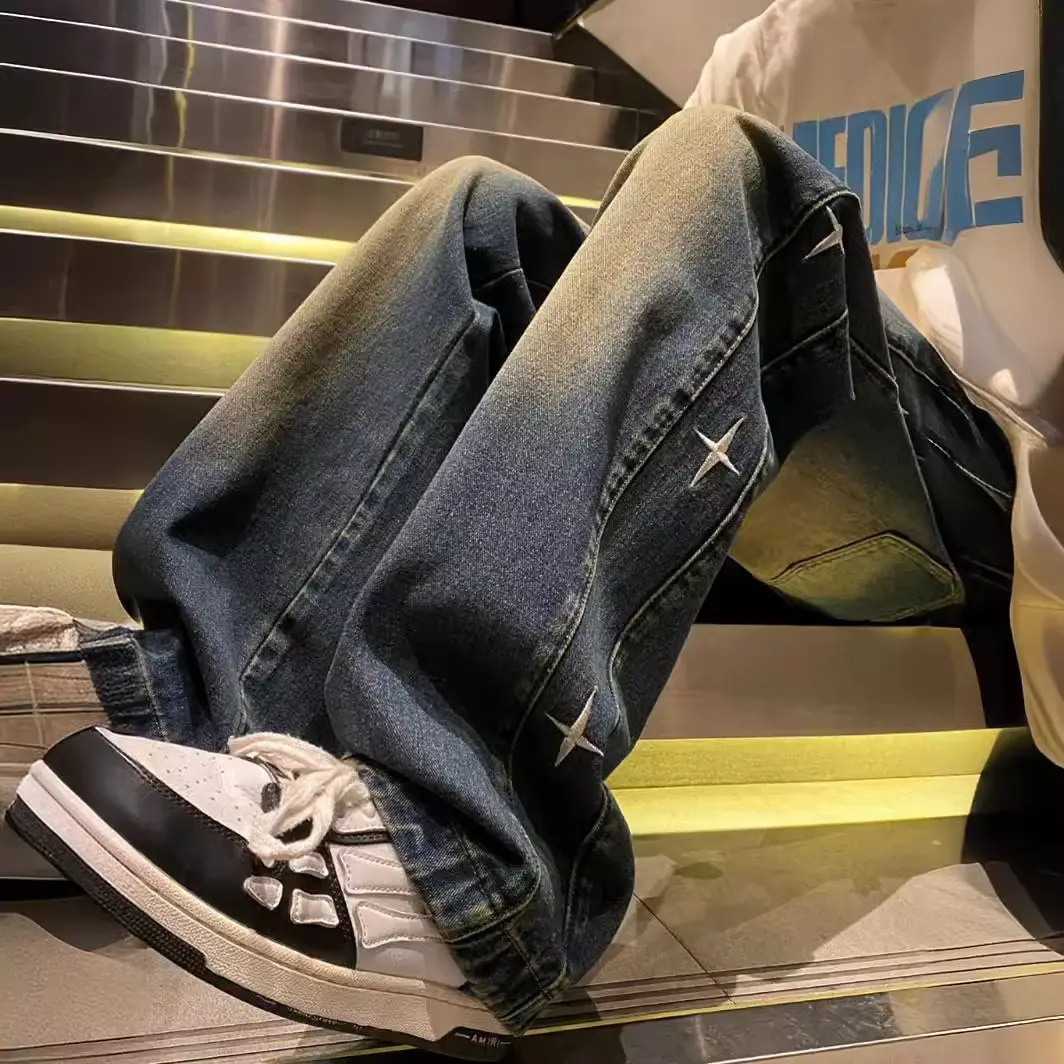 Men Washed Embroidered Jeans 2025 Wide Leg Long Pants