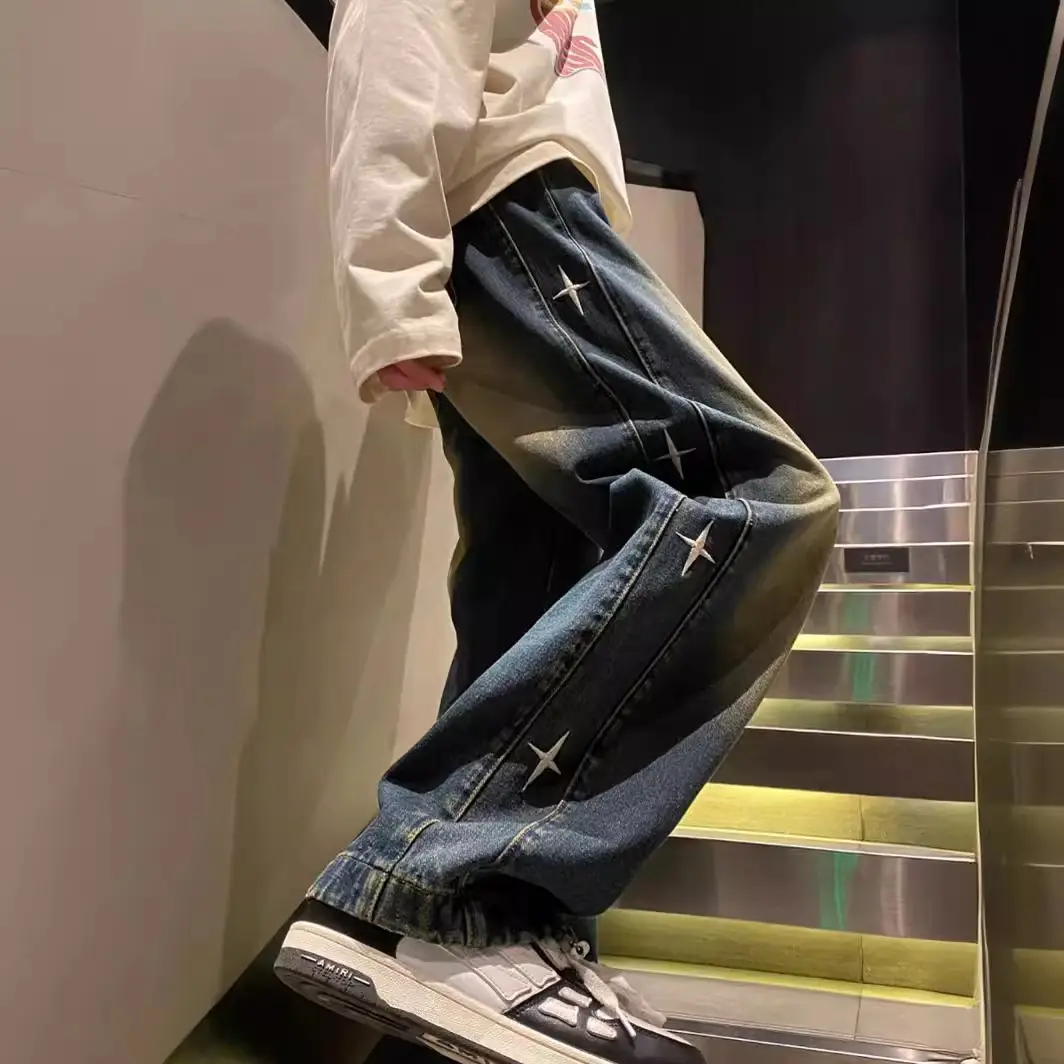 Men Washed Embroidered Jeans 2025 Wide Leg Long Pants