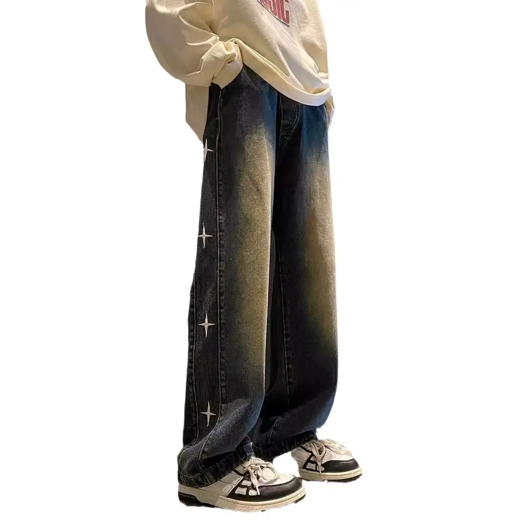 Men Washed Embroidered Jeans 2025 Wide Leg Long Pants