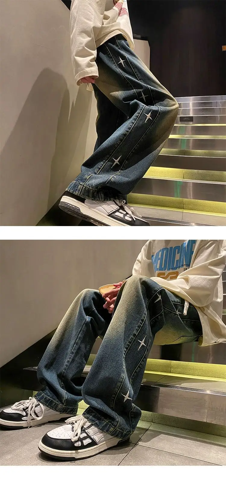 Men Washed Embroidered Jeans 2025 Wide Leg Long Pants — feature 8