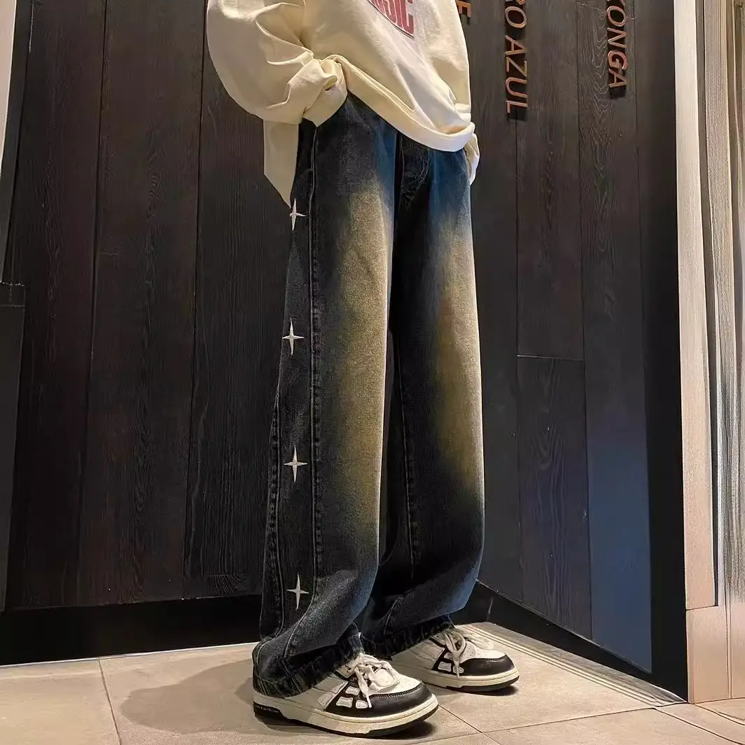 Men Washed Embroidered Jeans 2025 Wide Leg Long Pants