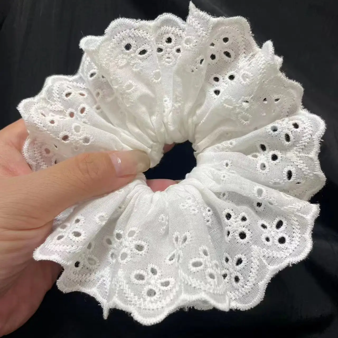 White Lace Hair Scrunchie with Pink Cord - Image 6