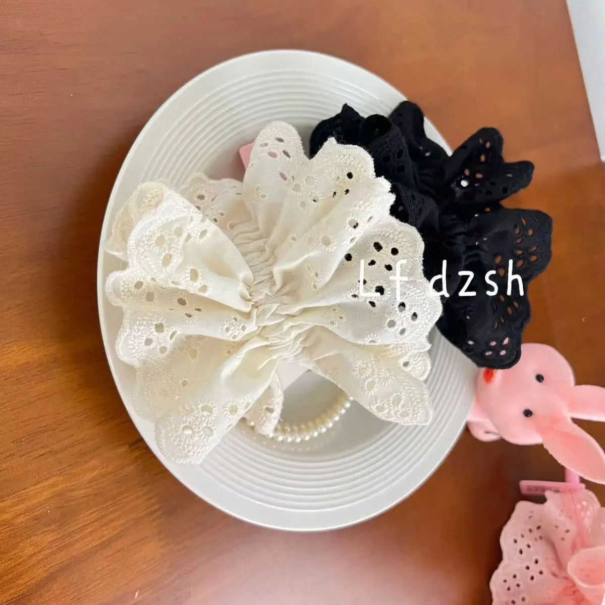 White Lace Hair Scrunchie with Pink Cord - Image 9