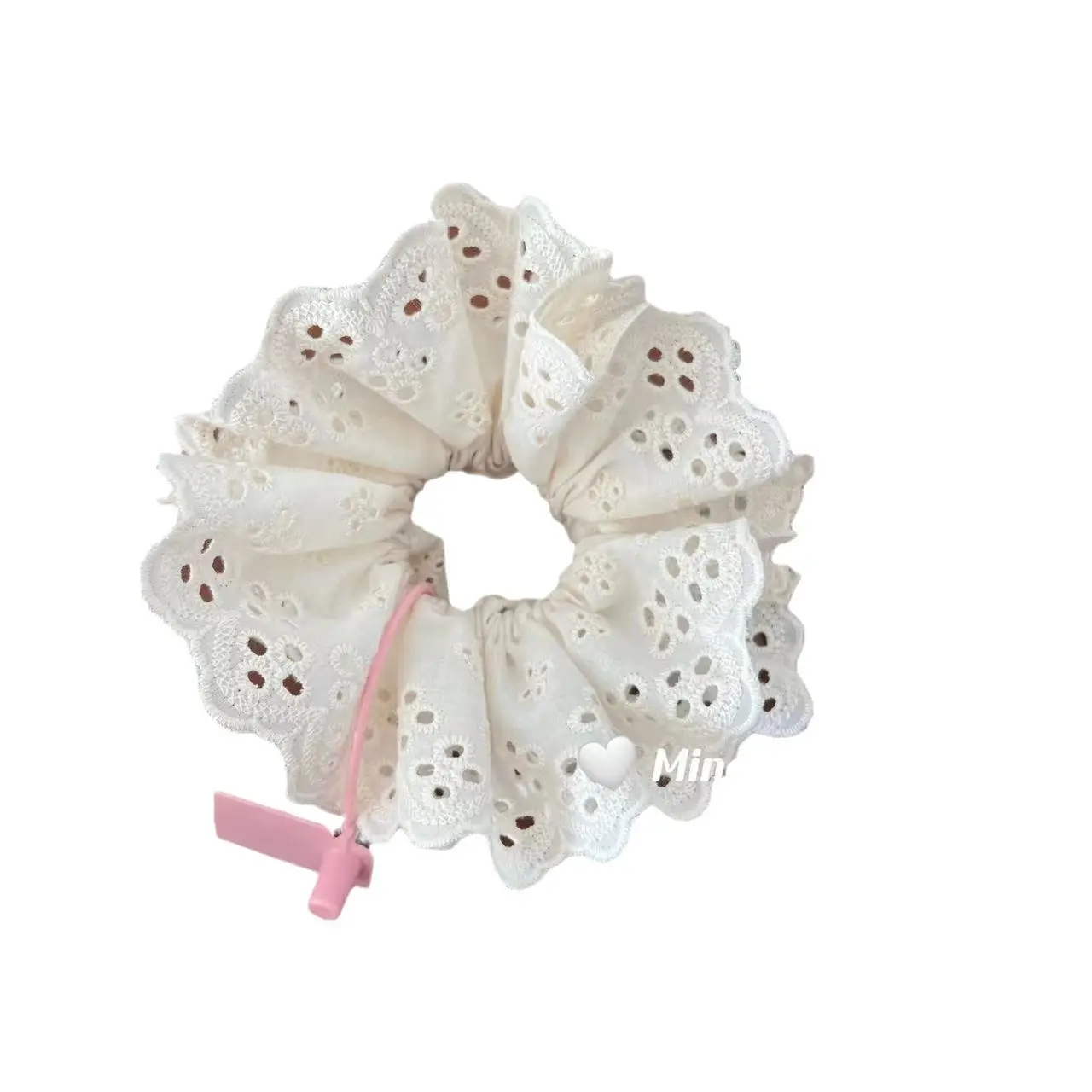 White Lace Hair Scrunchie with Pink Cord - Image 10
