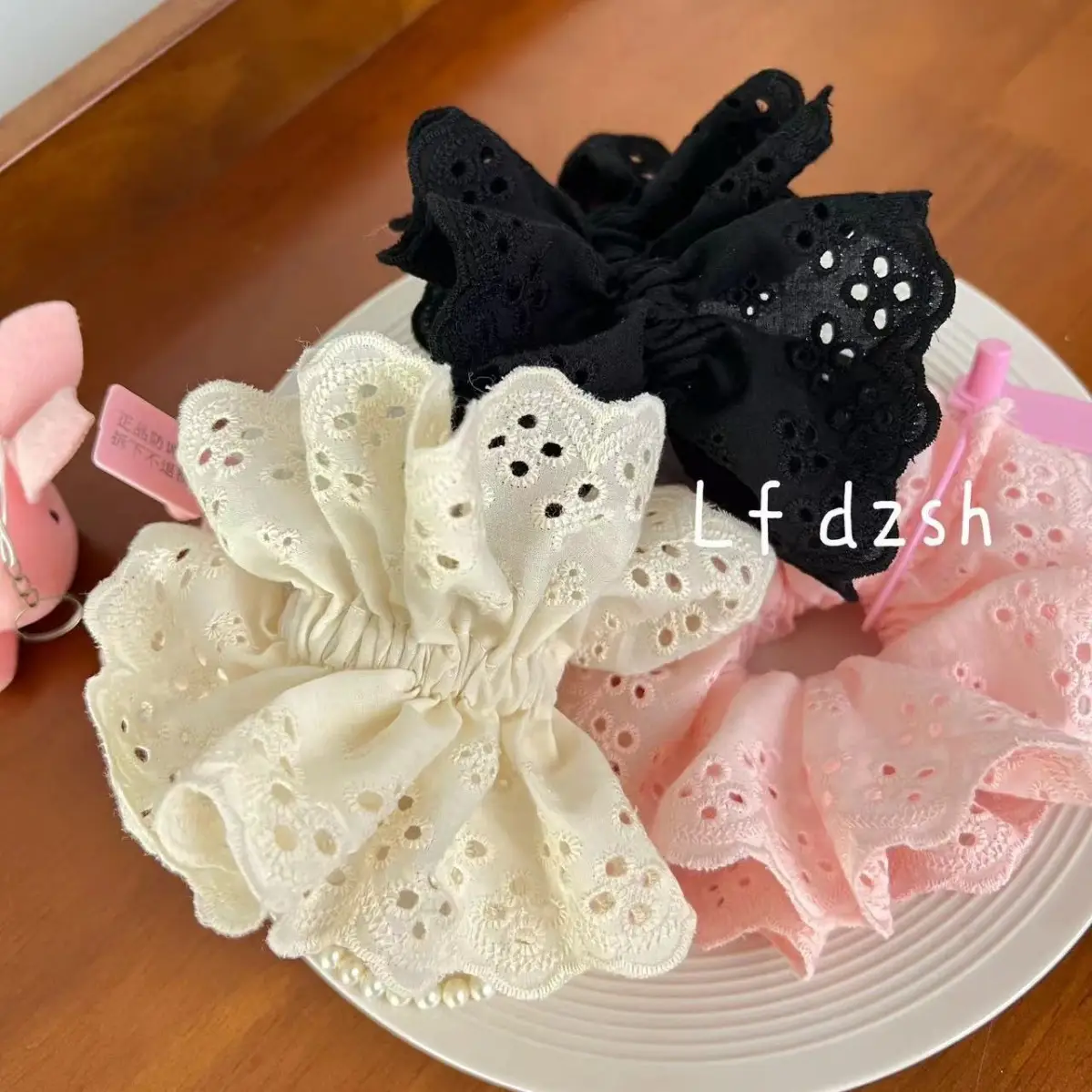 White Lace Hair Scrunchie with Pink Cord — feature 4