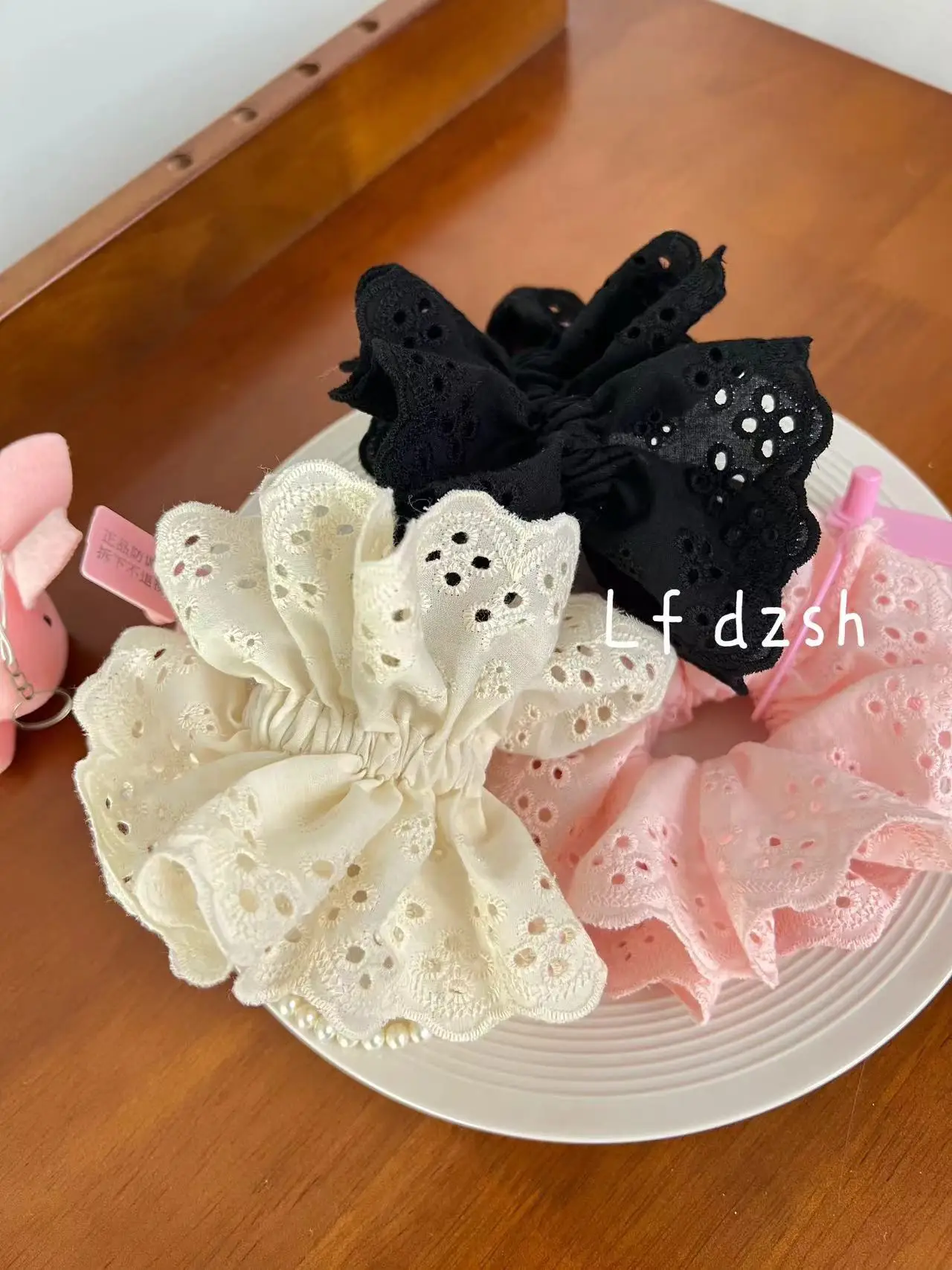 White Lace Hair Scrunchie with Pink Cord — feature 6