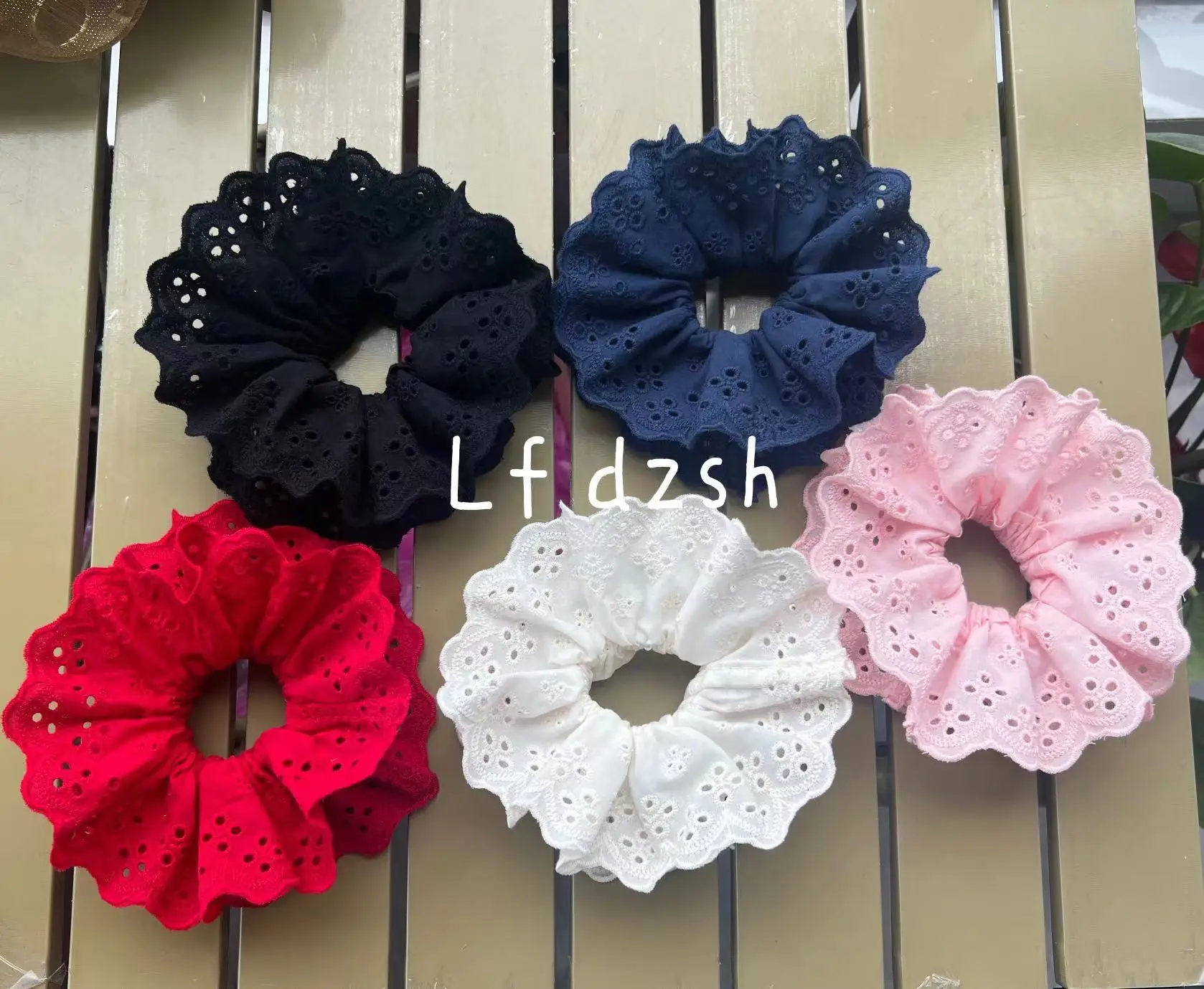 White Lace Hair Scrunchie with Pink Cord — feature 7