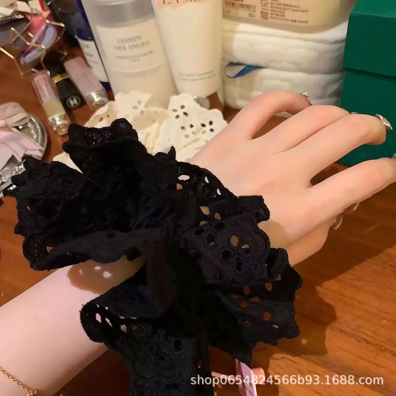 White Lace Hair Scrunchie with Pink Cord - Image 2