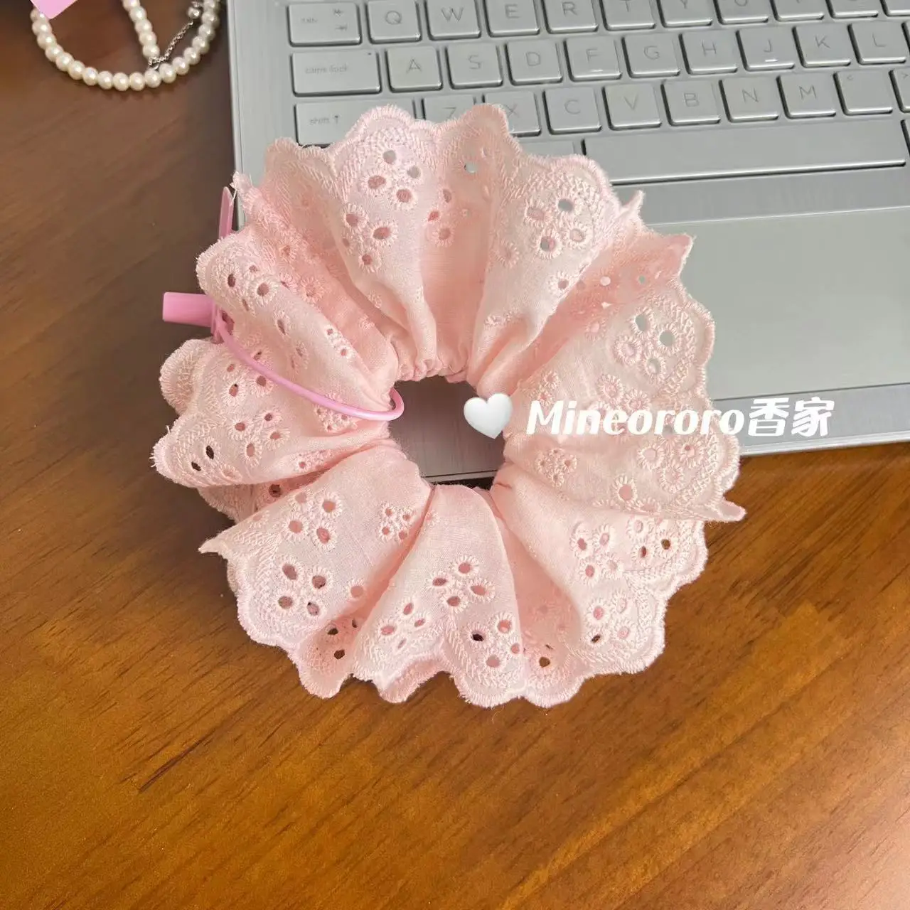 White Lace Hair Scrunchie with Pink Cord - Image 3