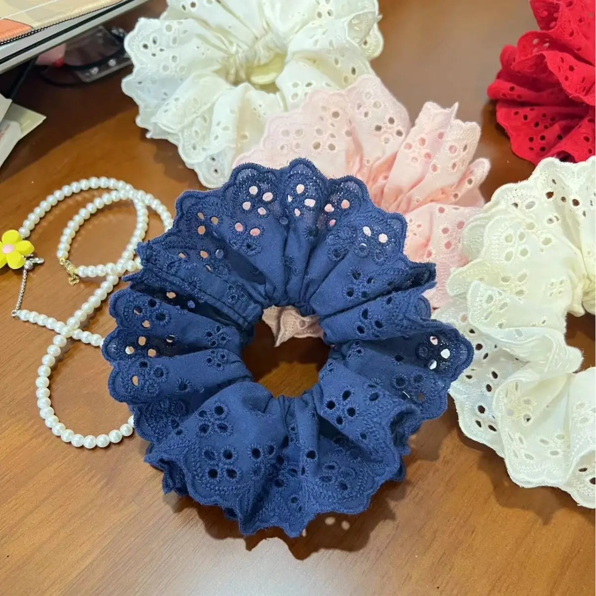 White Lace Hair Scrunchie with Pink Cord - Image 5
