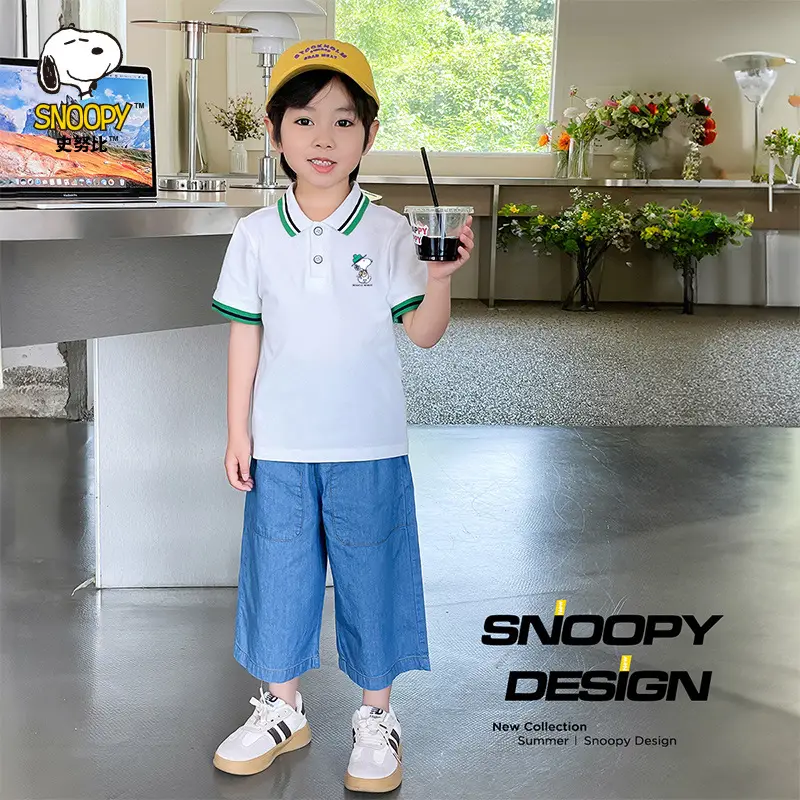 Snoopy Boys Cotton Polo Shirt Blue Shorts Summer Wear - Image 2