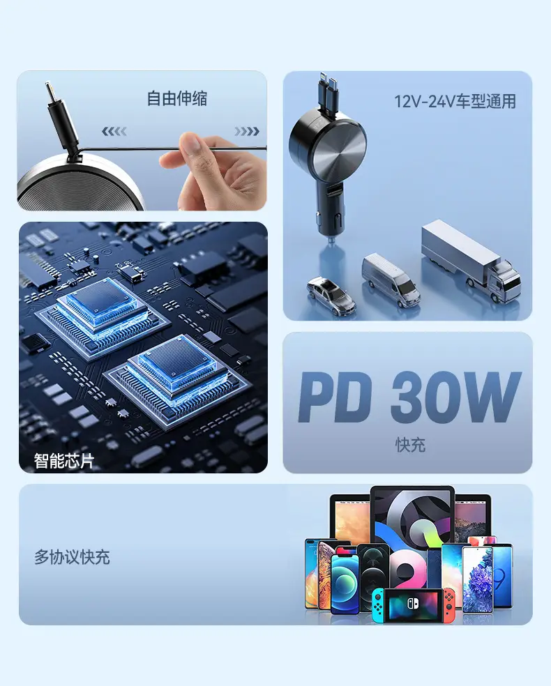 Telescopic Car Charger PD Super Fast Charge Huawei Apple — feature 2