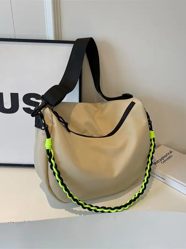 Women's Lightweight Cloth Shoulder Bag with Neon Strap - Image 6