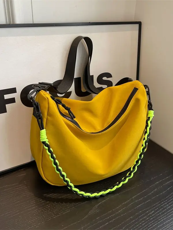 Women's Lightweight Cloth Shoulder Bag with Neon Strap - Image 7