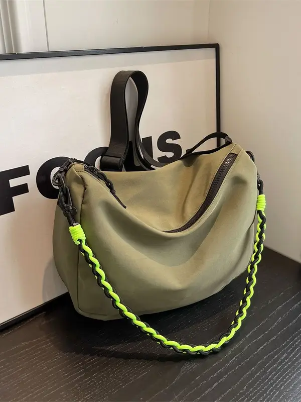 Women's Lightweight Cloth Shoulder Bag with Neon Strap - Image 8