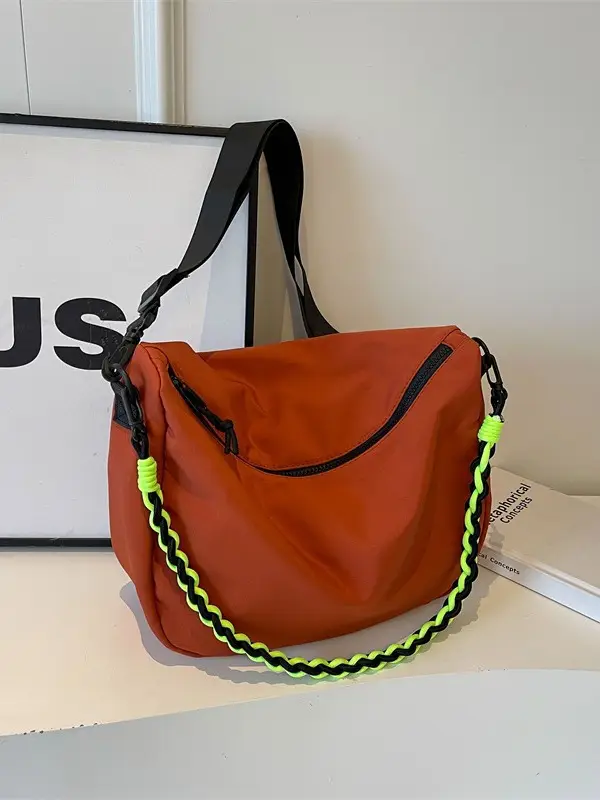 Women's Lightweight Cloth Shoulder Bag with Neon Strap - Image 9