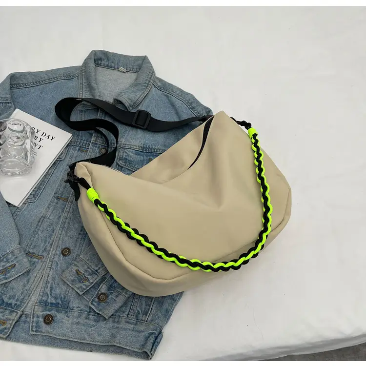 Women's Lightweight Cloth Shoulder Bag with Neon Strap — feature 17
