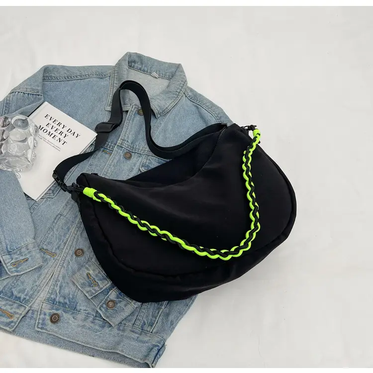 Women's Lightweight Cloth Shoulder Bag with Neon Strap — feature 27