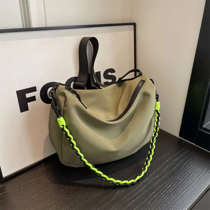 Women's Lightweight Cloth Shoulder Bag with Neon Strap - Image 2