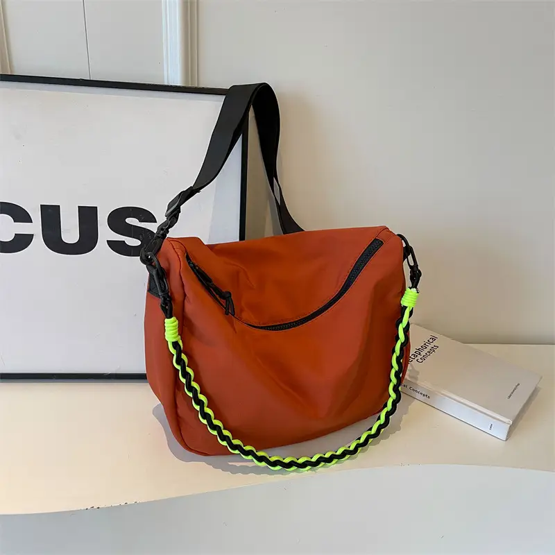 Women's Lightweight Cloth Shoulder Bag with Neon Strap - Image 3