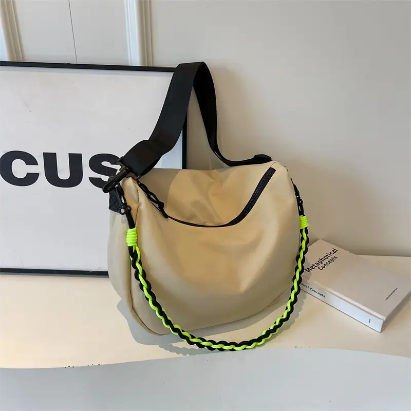 Women's Lightweight Cloth Shoulder Bag with Neon Strap - Image 4
