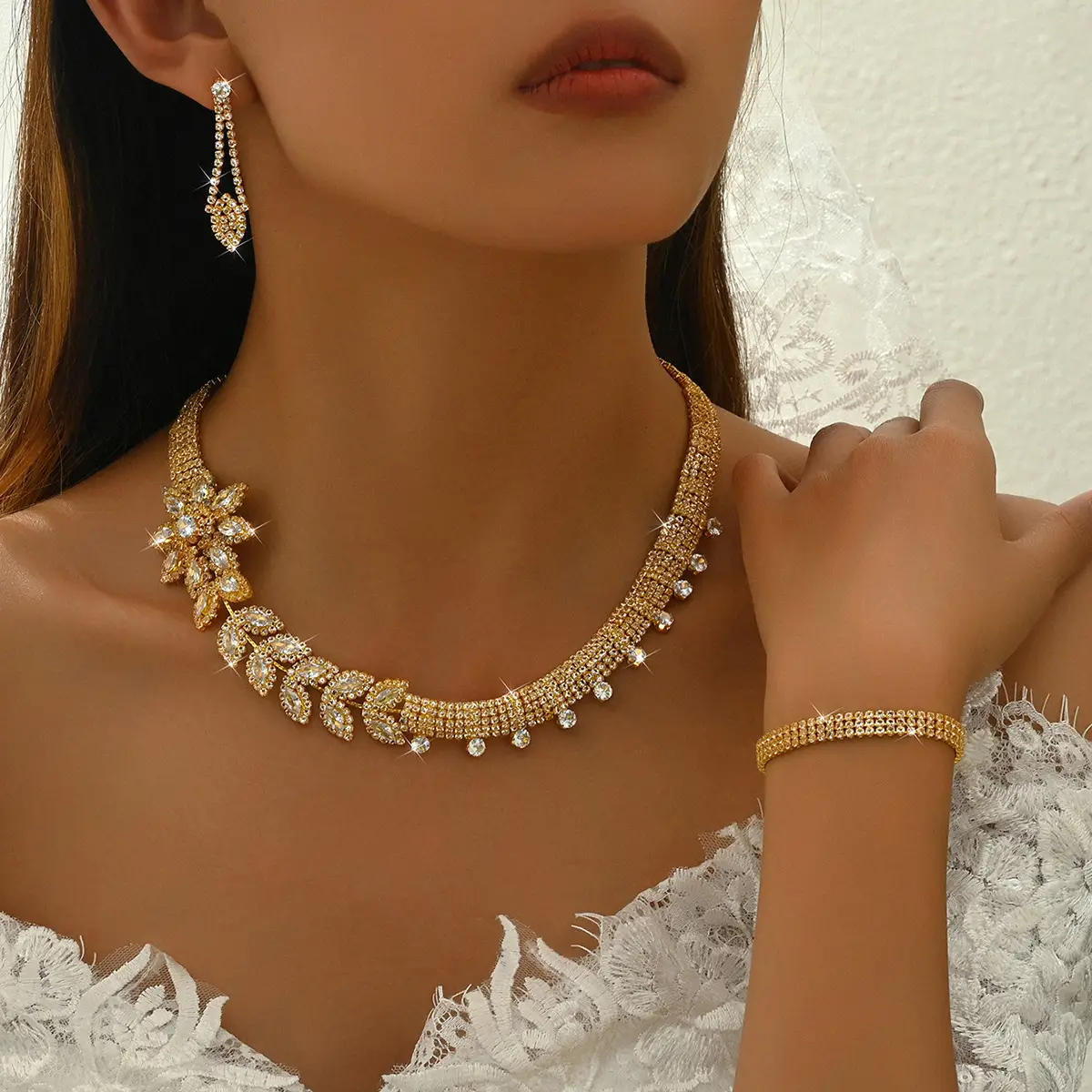 Gold Plated Zircon Necklace Set for Women