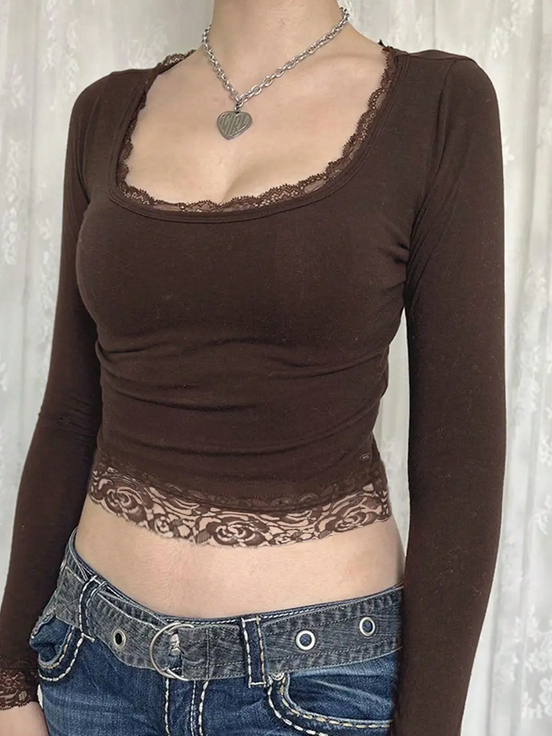 Spring and Autumn Top Hot Girl Style Sexy U-Neck Lace Bow Stitching Slim-Fit Slimming Long-Sleeved T-Shirt Y2K Base Shirt