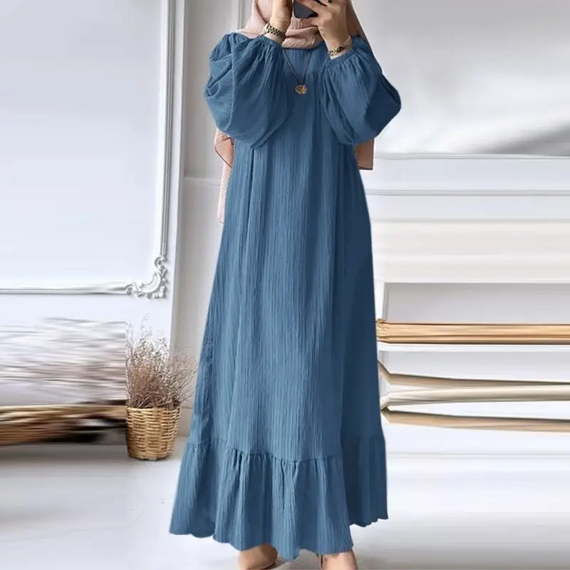 Muslim Women's Robe Long Sleeve Ruffled Hem Brown - Image 2