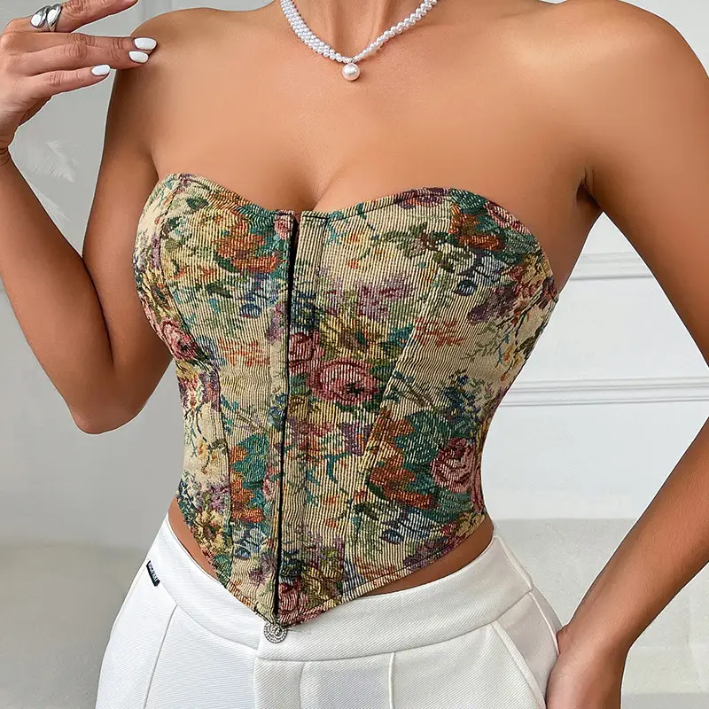 Women's Floral Bralette Low Cut Vest Top with Front Closure — feature 1