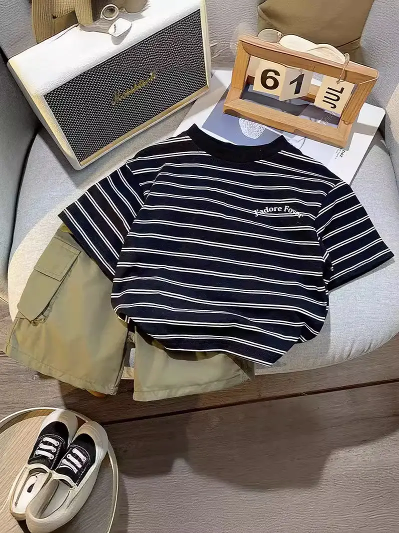Children's Striped T-Shirt Crock Pants Set for Boys Summer - Image 2